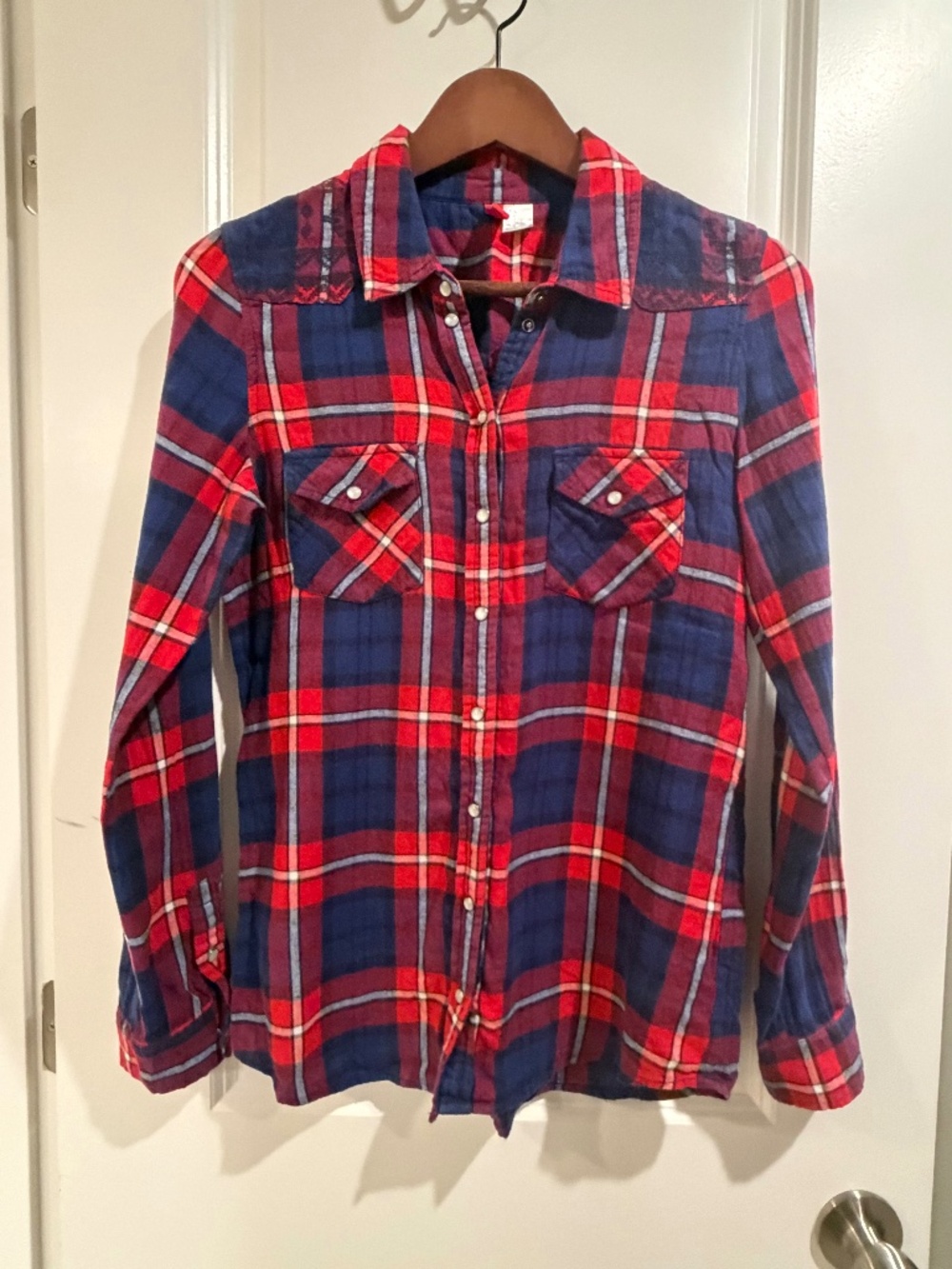 H&M Divided Plaid Flannel Shirt with Lace Detail - Red/Navy Blue - Size 2